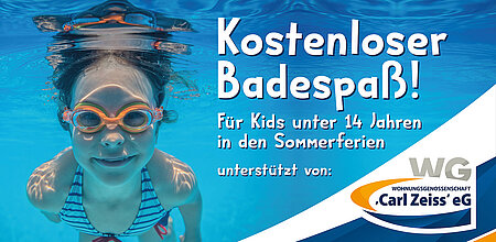 Kostenloser Badespaß in den Sommerferien für Kinder bis 14 Jahre Kind taucht mit Schwimmbrille im Freibad. Die WG Carl Zeiss ermöglicht Kindern bis 14 Jahre während der Sommerferien kostenlosen Eintritt in das Ostbad, Südbad Jena und Freibad Camburg.